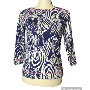 Lilly Pullitzer Girls Top Size XL 12/14 in Blue White Zebra Print w/Pink Details